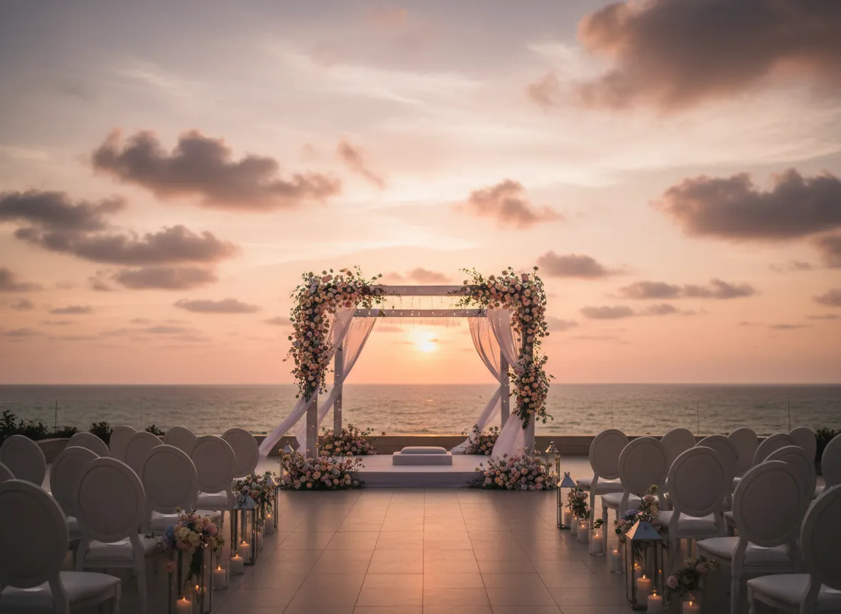 Intimate sunset wedding mandap overlooking the Arabian Sea