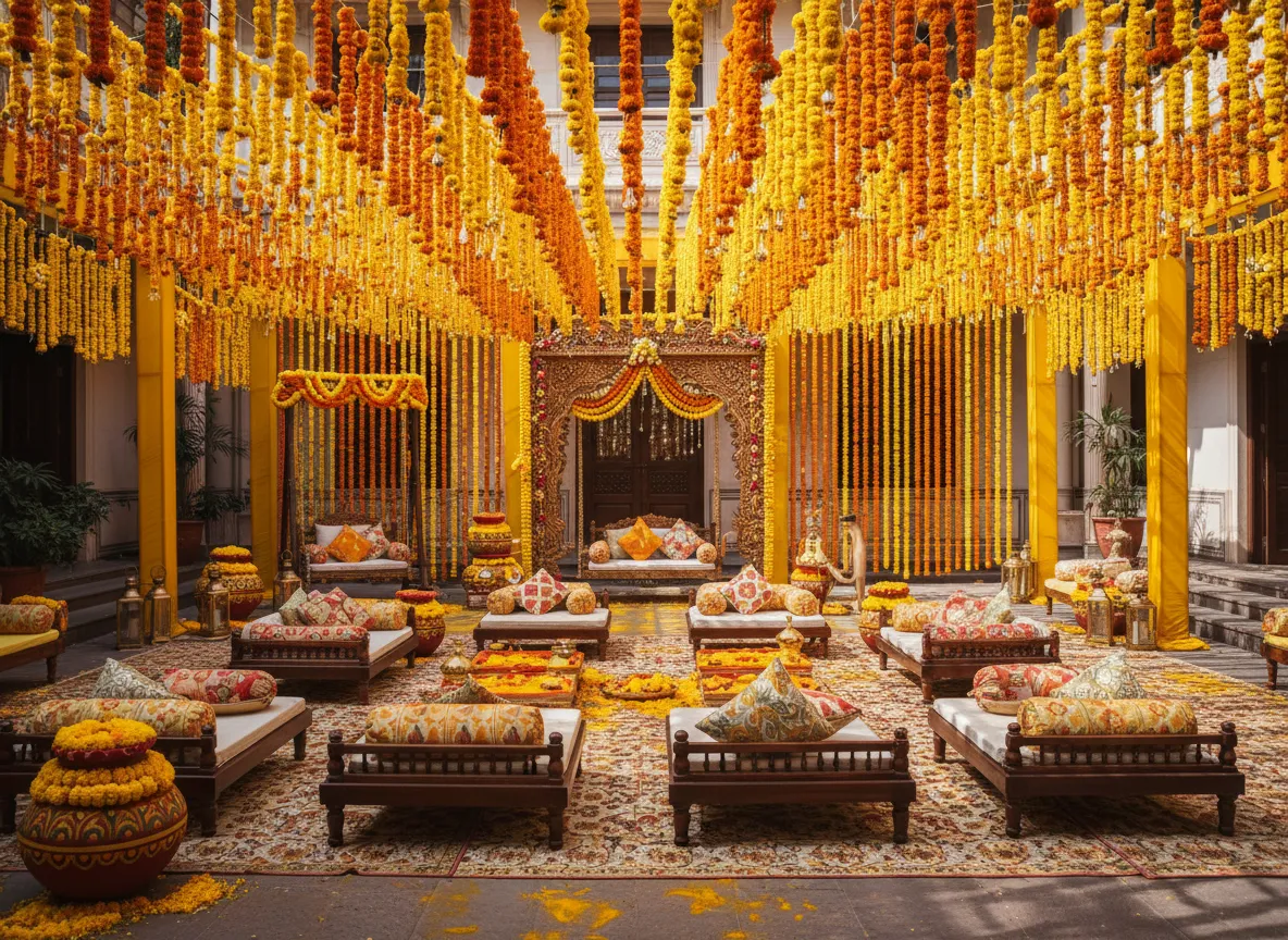 Haldi ceremony decor with marigolds and fun seating