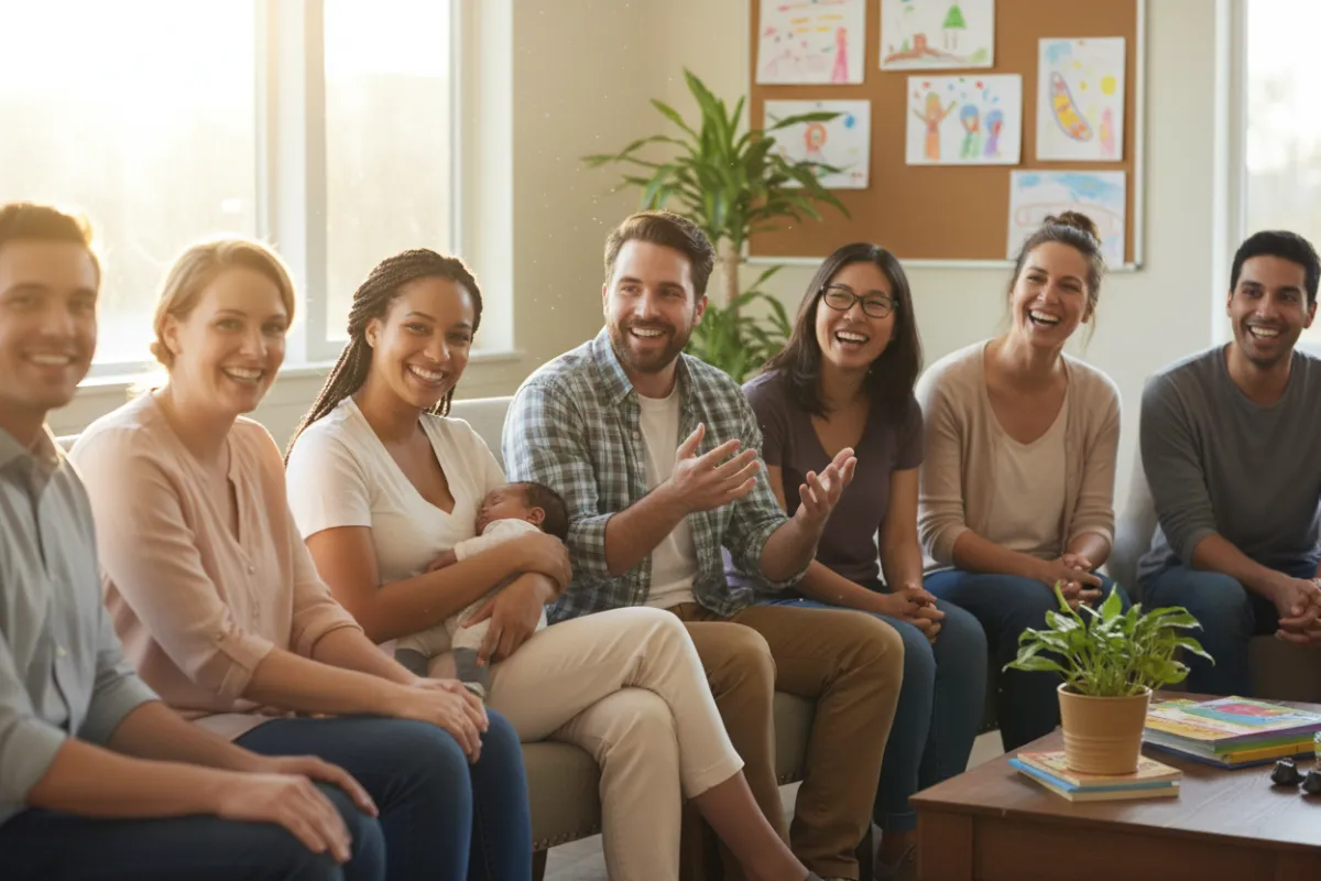 A diverse group of parents, smiling and sitting together in a bright, welcoming room, each representing different backgrounds and ages, with gentle natural light and a sense of connection.