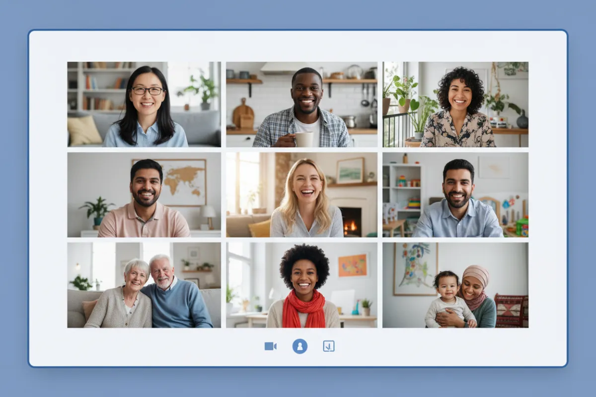 Screenshot of a virtual meeting with parents, each in their own home, smiling and interacting on a video call, with diverse backgrounds and a sense of engagement.