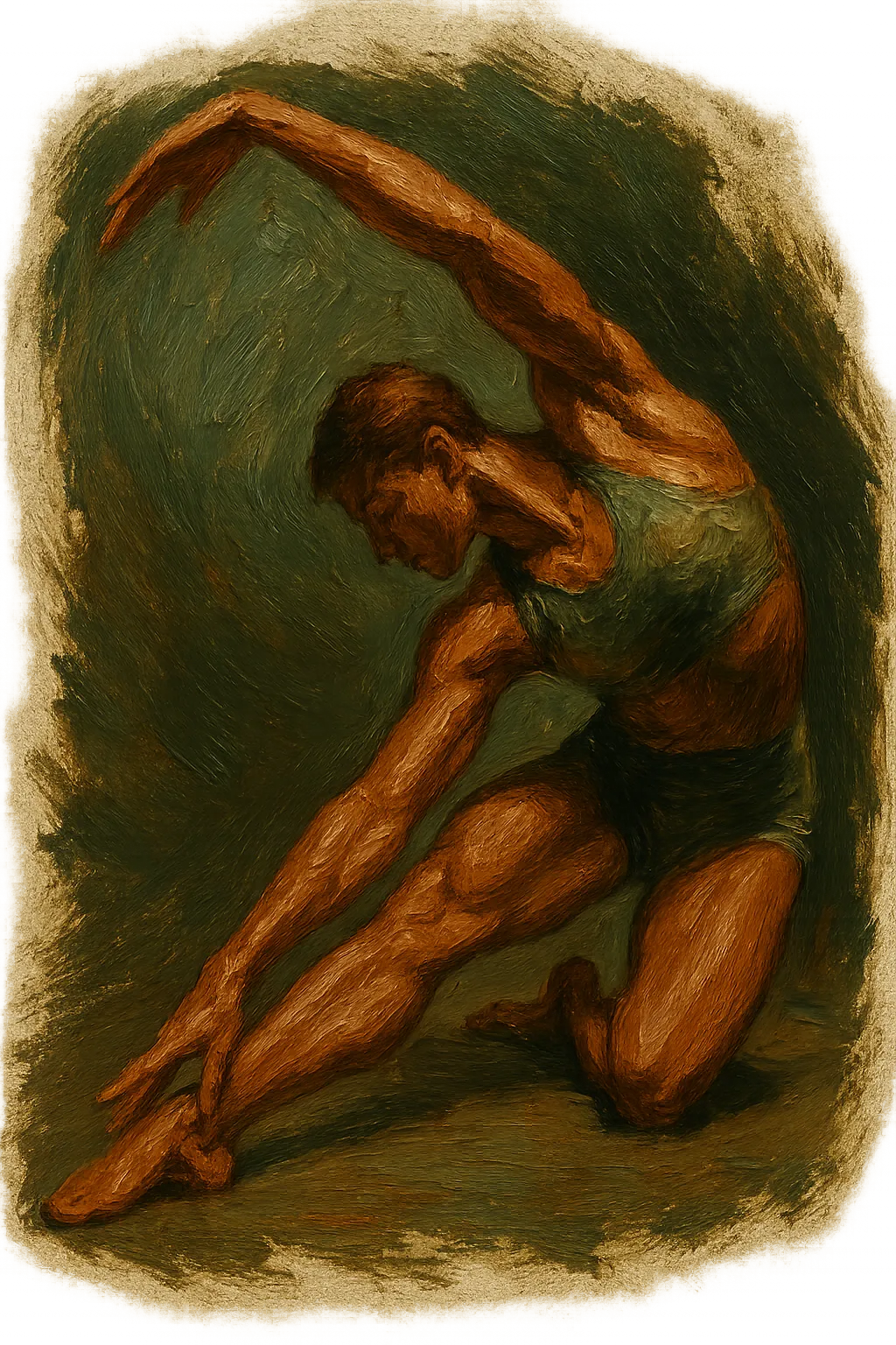 Oil painting style depiction of an athlete in serene motion with canvas texture
