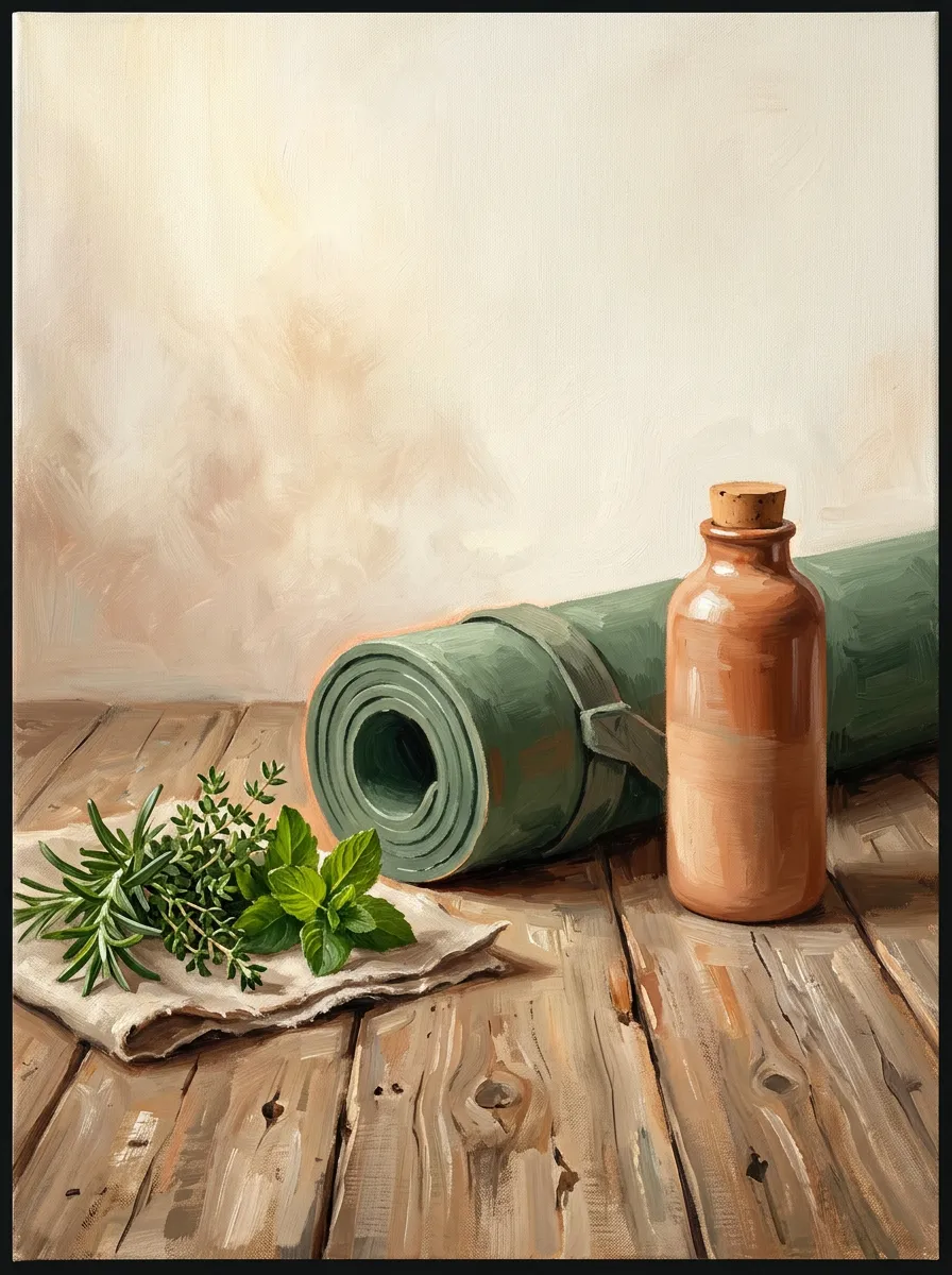 Woman practicing mindful movement in a sunlit natural studio with warm earth tones