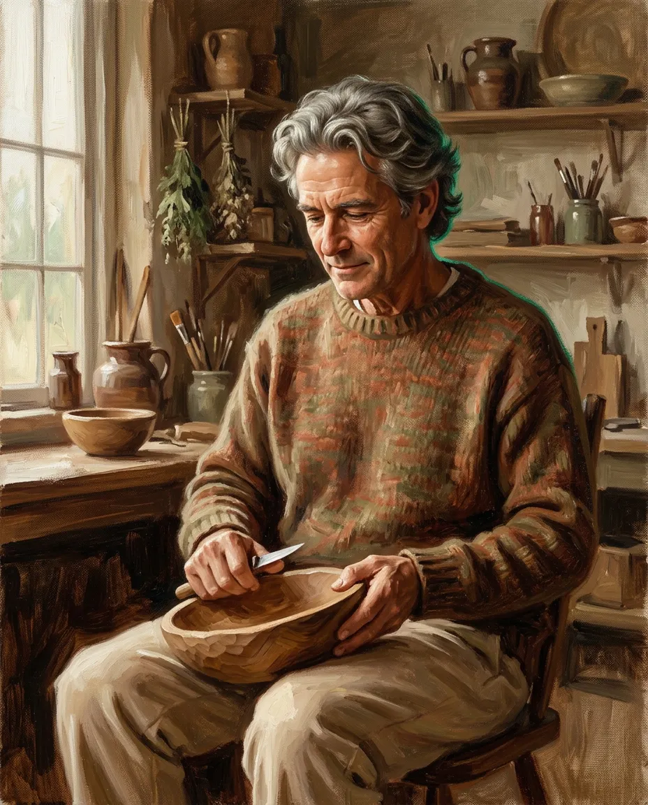 Community member in a serene earth-toned studio reflecting a mindful lifestyle