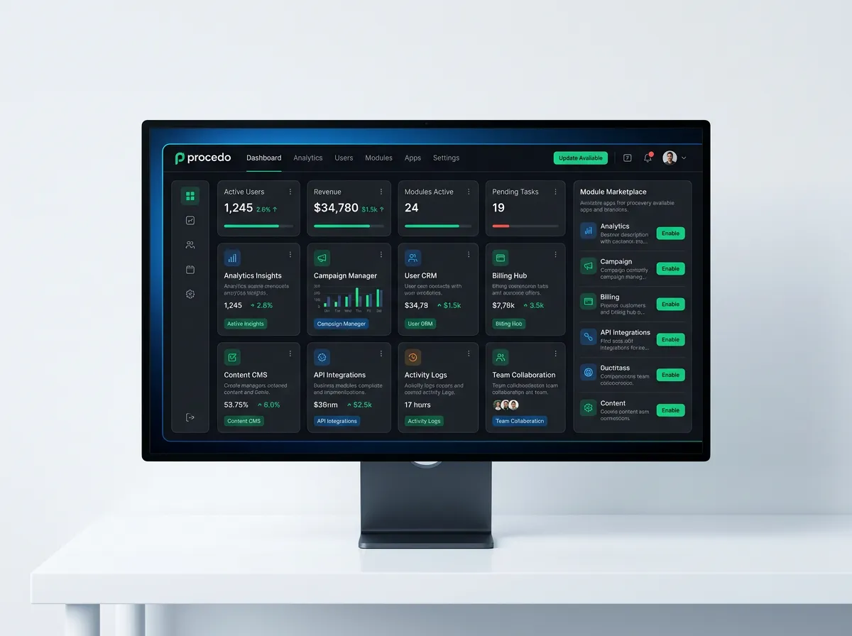 Procedo modular SaaS platform high-fidelity interface preview displaying the app store ecosystem