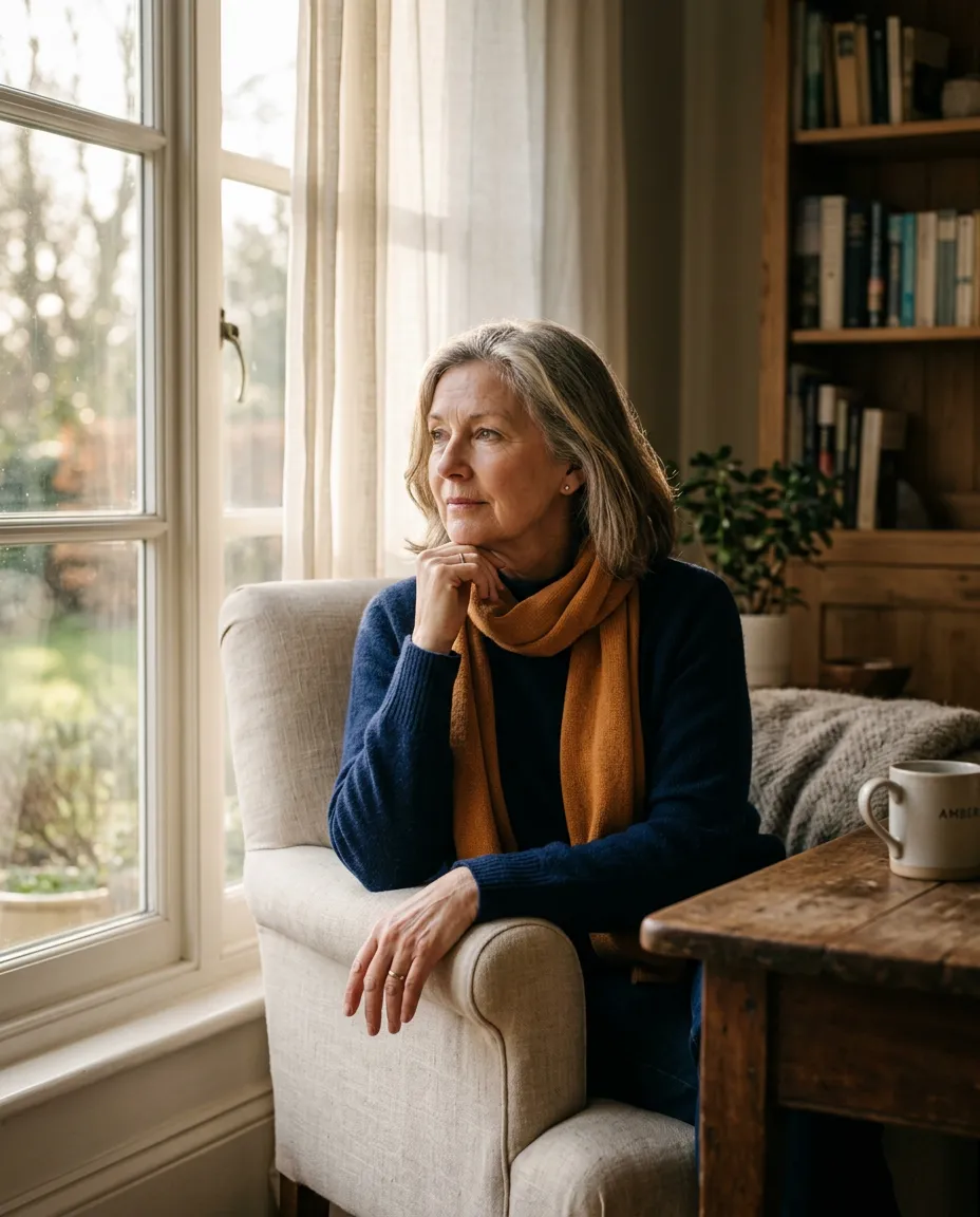 Thoughtful older individual reflecting peacefully by a window in warm soft morning light
