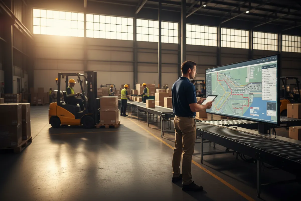 Logistics operations floor with manager reviewing route schedules and forklifts in the background