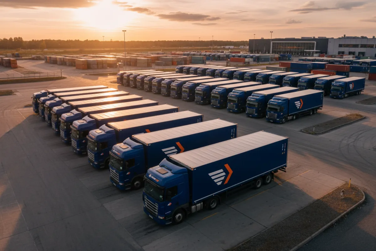 Fleet of delivery trucks parked in a logistics yard at golden hour, highlighting scale and readiness.