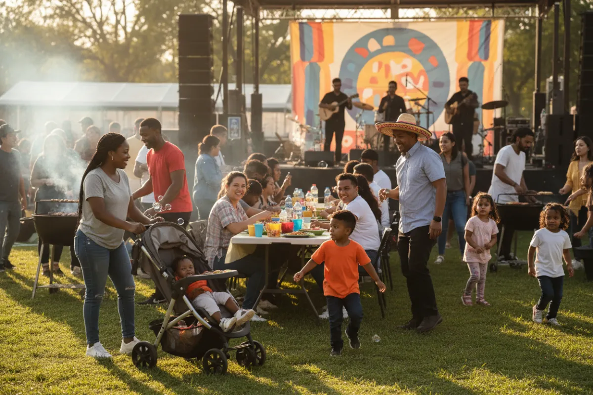 Outdoor event photo of a diverse, family-friendly group featuring predominantly Hispanic, Black, and Brown people