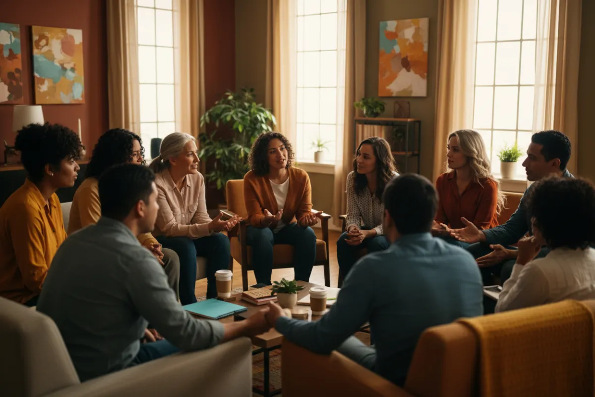 Inclusive candid portrait of predominantly Hispanic, Black, and Brown community members at a warm outdoor gathering