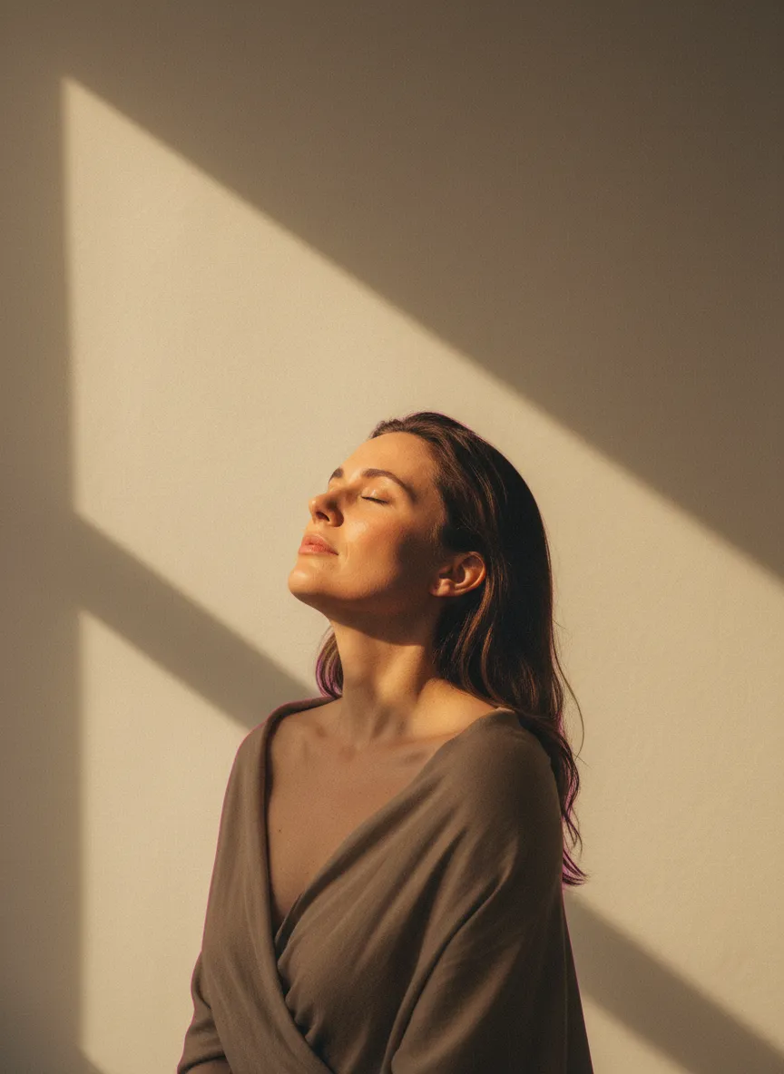 A survivor taking a deep breath, releasing the burden in a safe space for survivors of sexual assault, physical abuse, or those living in fear because of the political climate