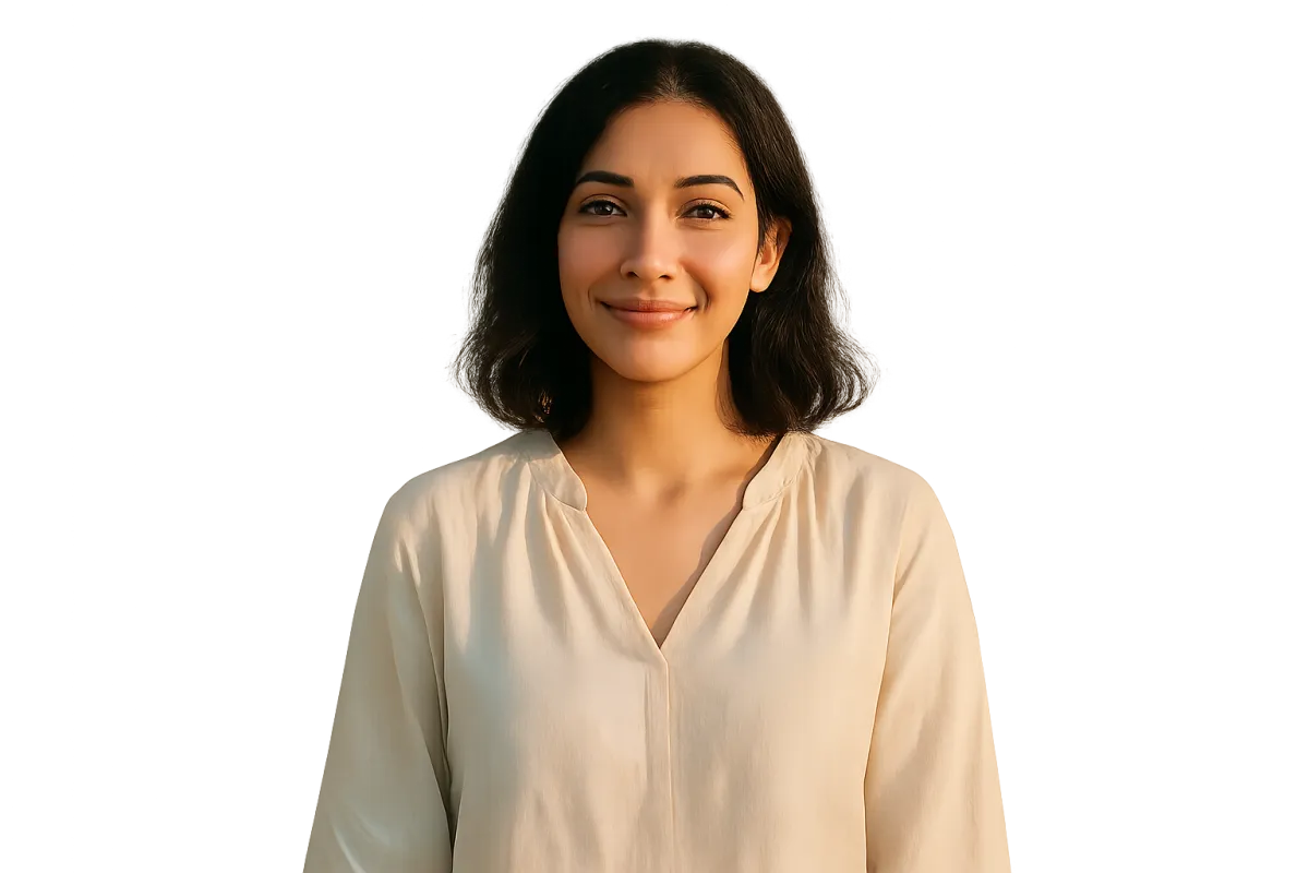 A single Turkish woman, aged around 30, with a gentle smile and relaxed posture, is isolated on a transparent background. She wears a light, flowing blouse in soft pastel colors. The lighting is natural and warm, emphasizing her calm, approachable demeanor. No background or props are present.