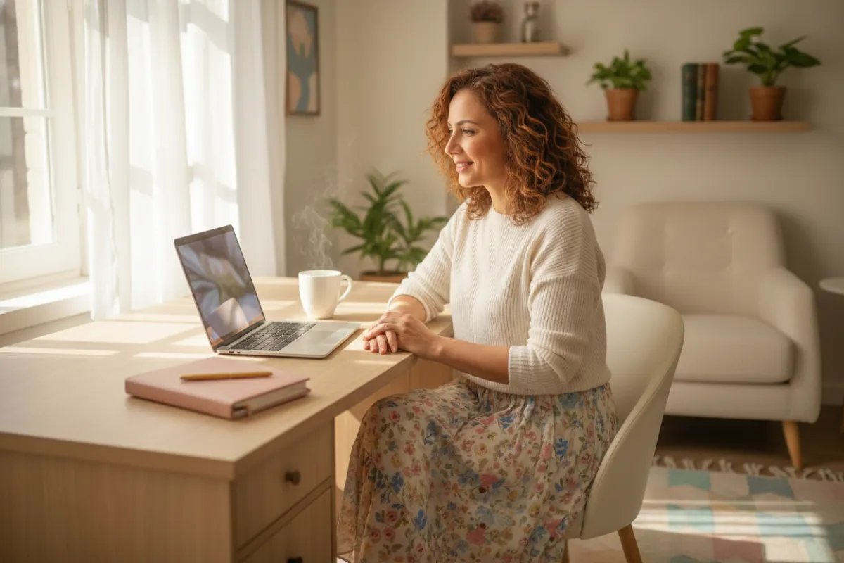 A Turkish woman in her 40s sits at a cozy desk with a laptop, a cup of tea, and a notepad, sunlight streaming through a window, soft feminine decor, calm and inviting atmosphere.
