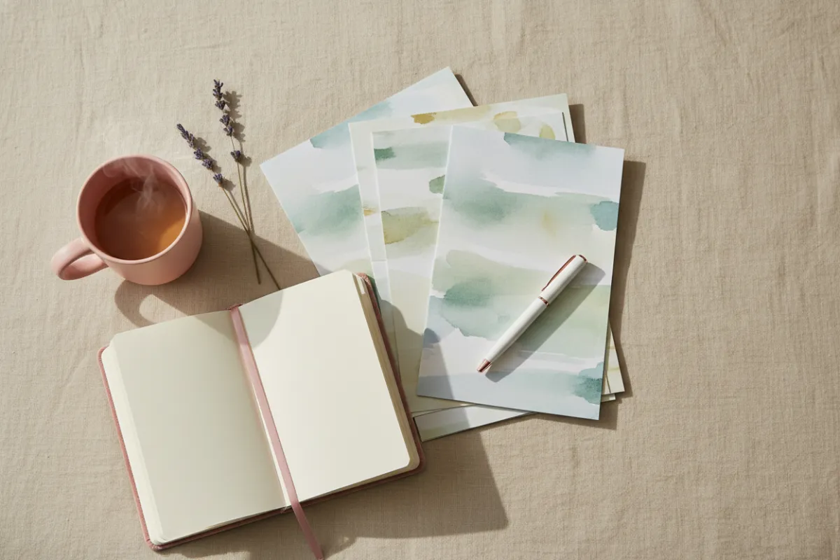 A flat lay of printed guides, a journal, and a pen on a soft beige table, with a pastel pink mug and a sprig of lavender, feminine and inviting.