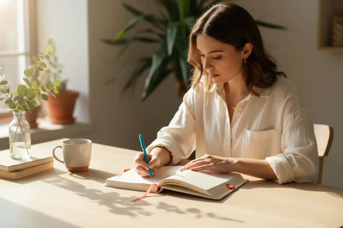 Woman planning her content calendar in a natural, airy setting