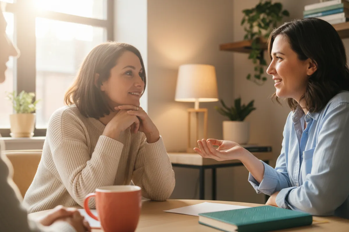 Woman actively engaged in a one-on-one coaching conversation