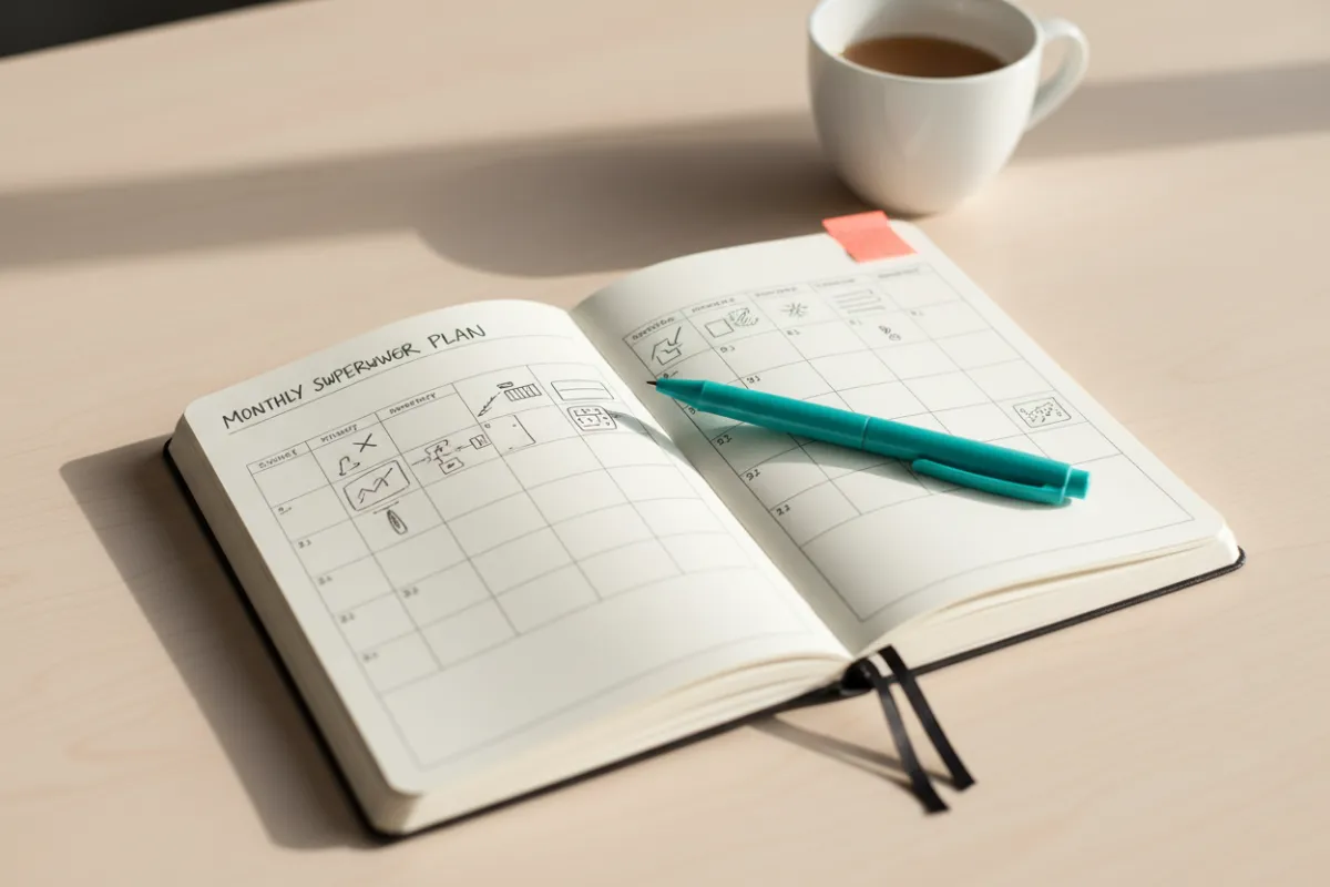 Notebook showing a focused monthly superpower plan