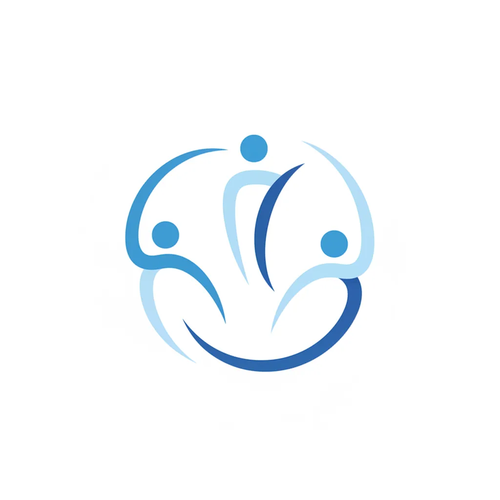 A flat, minimal icon of three stylized human figures in a circle, representing leadership and teamwork.