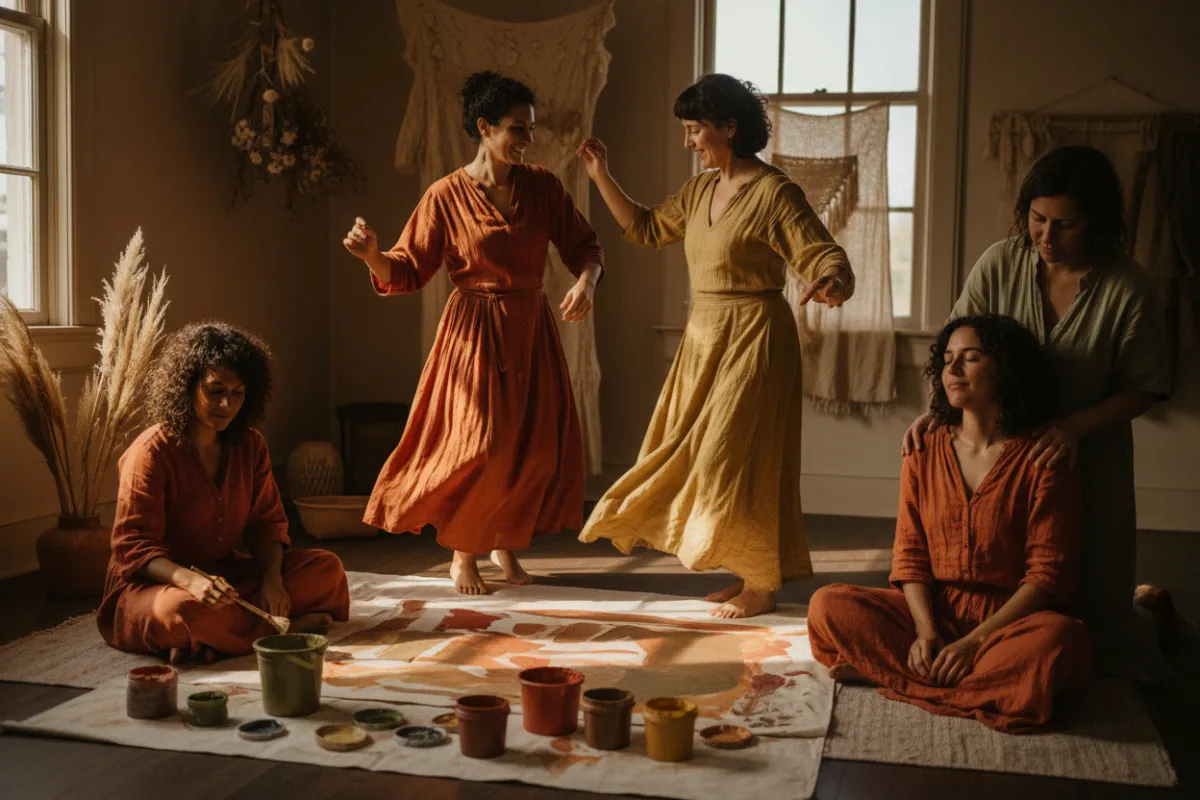 Women in a flow state of creativity (dancing, painting, bodywork) in warm, earthy tones