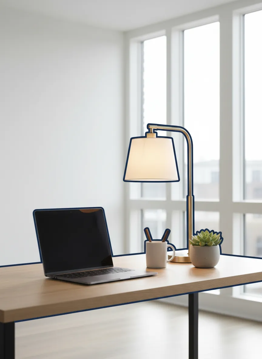 A serene, perfectly organized home office desk with bright natural light.