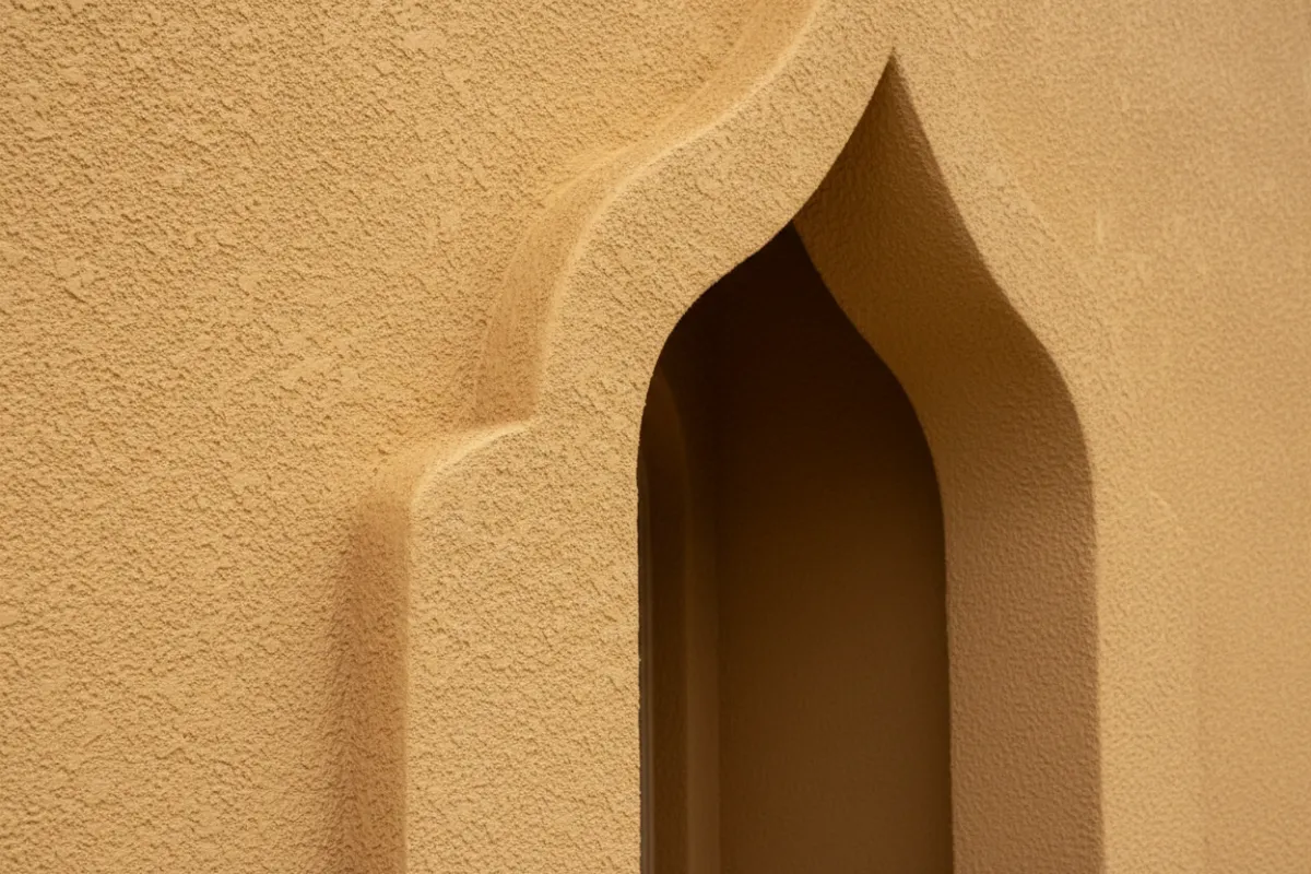 Close view of a decorative stucco entry wall with subtle pebble texture and custom warm tone, ambient daylight, design-focused composition that shows craftsmanship and consistent color matching.