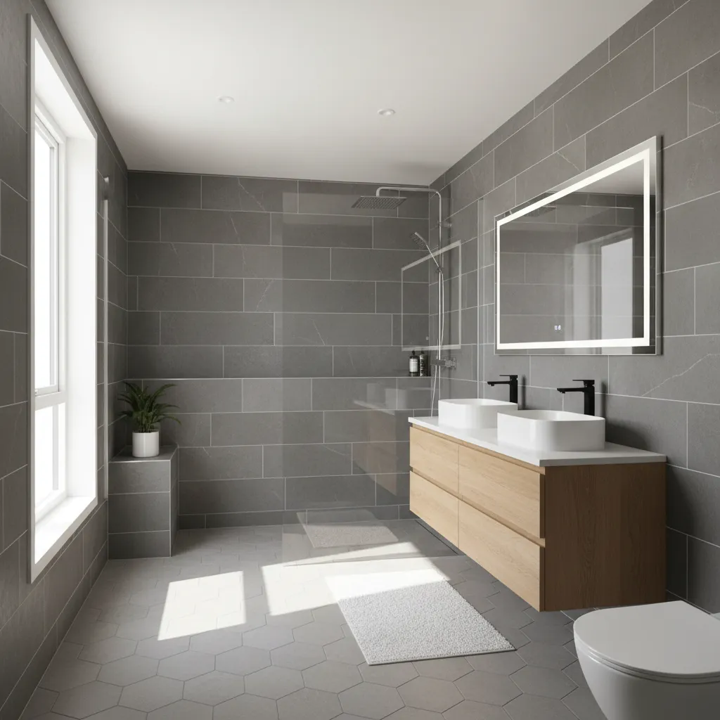 A beautifully renovated bathroom with modern fixtures, glass shower, and elegant tilework, photographed in natural light, showcasing the transformation achieved by a remodeling business using the agency’s lead generation service.