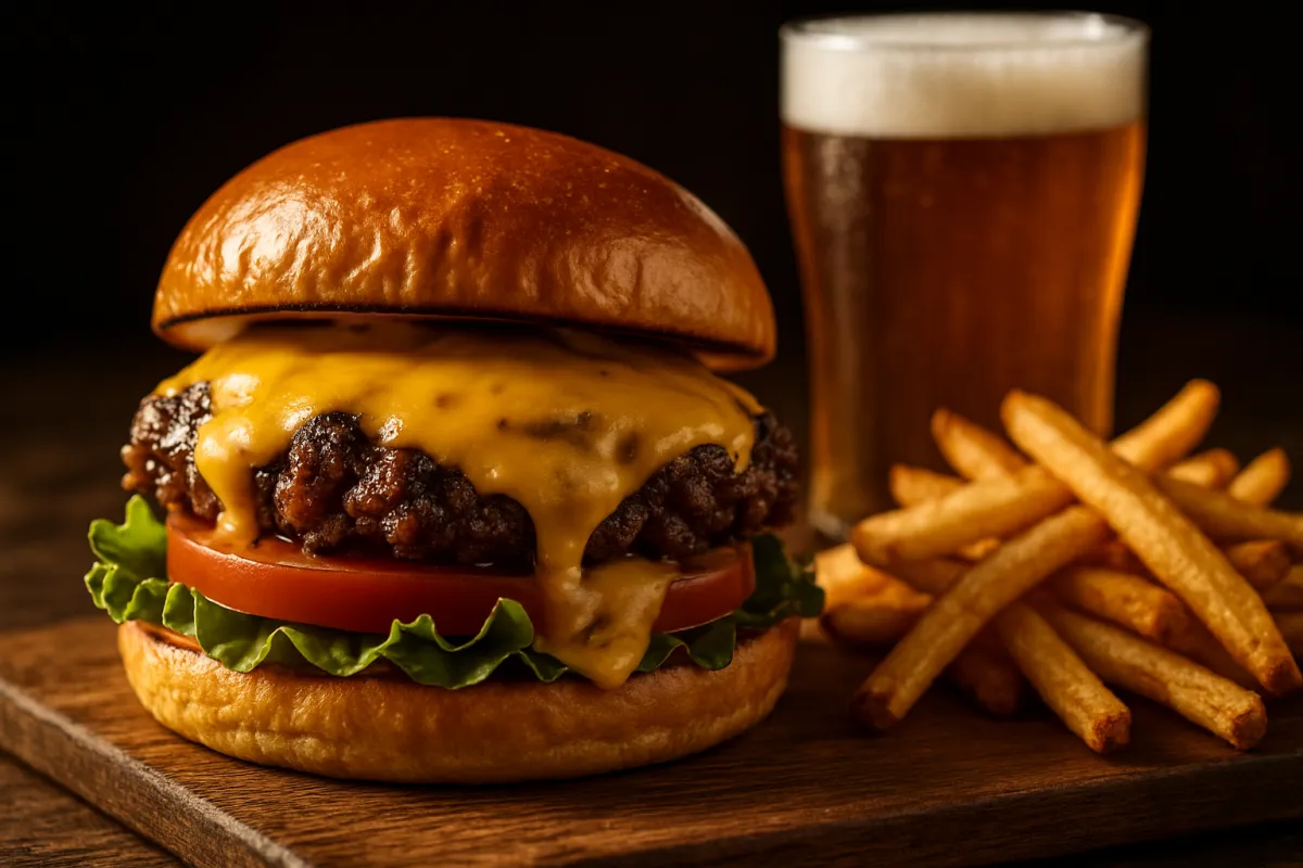 A close, mouthwatering shot of a charred smash burger with melted cheese, paired fries, and a cold pint on a wooden table, warm directional lighting, shallow depth-of-field, photorealistic food photography highlighting texture and color.
