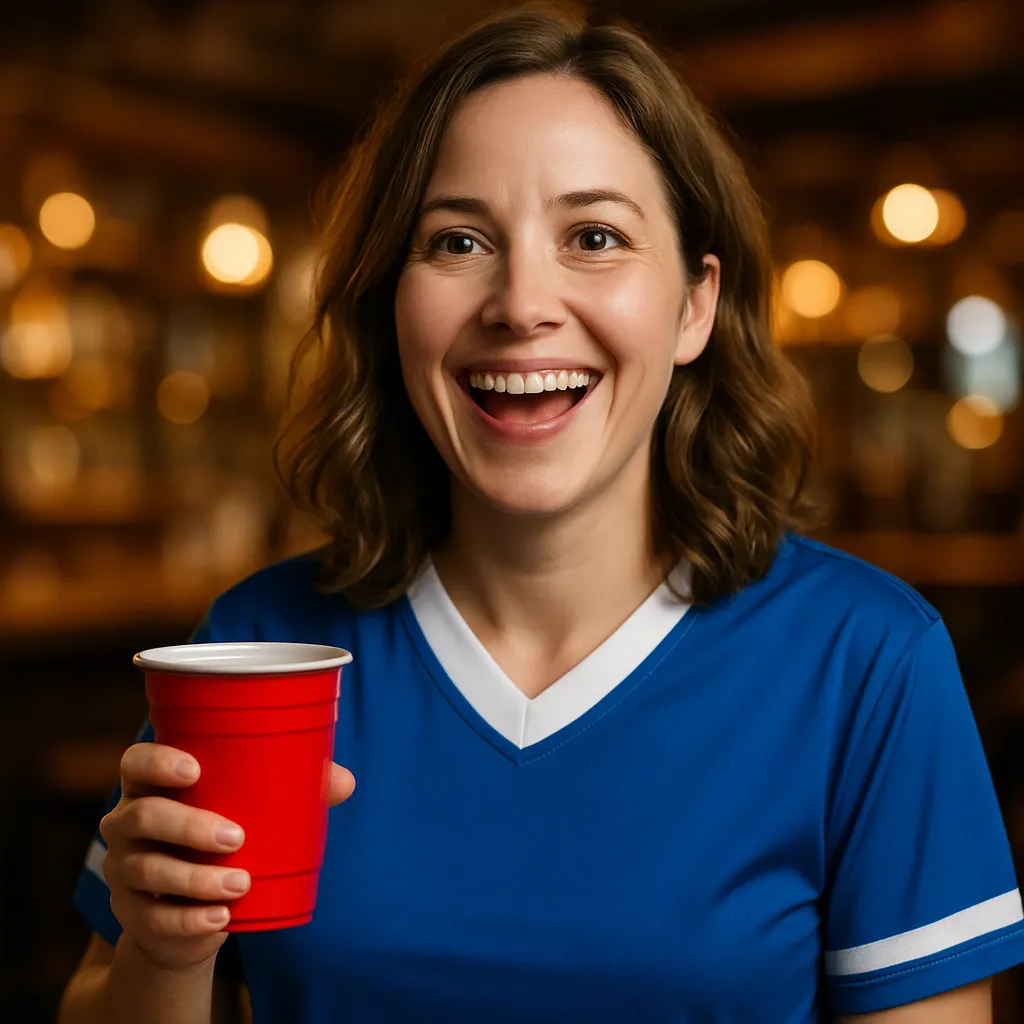 Smiling female fan in team jersey holding a red cup during game night