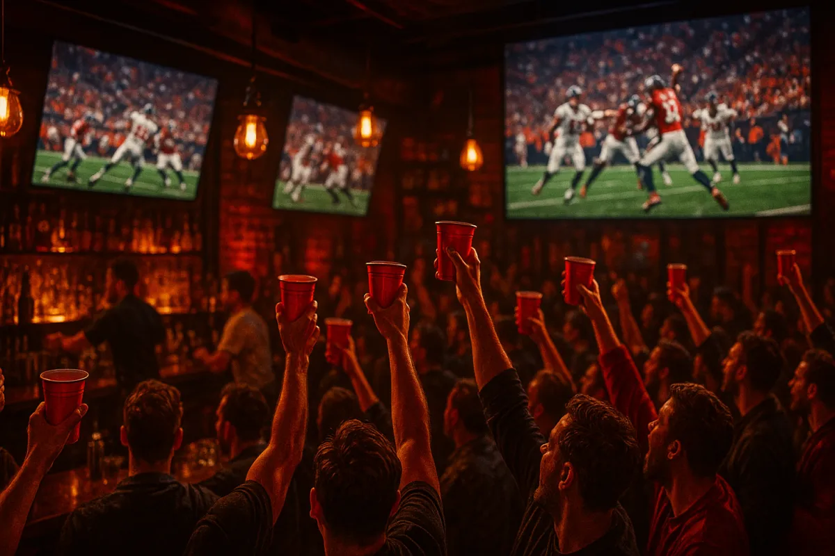 A lively evening crowd raising red cups toward multiple large LED screens showing a close sports game, warm bar lighting, and packed atmosphere.
