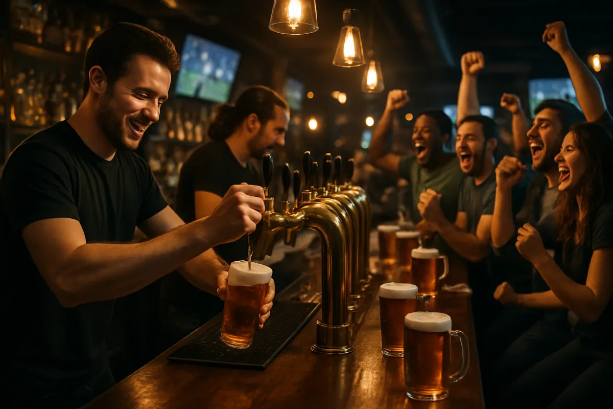Buzzing bar counter with friends celebrating a game-winning play