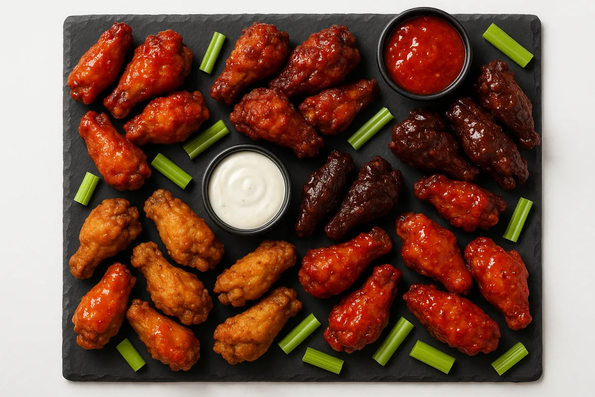 Plate of signature wings in six sauces on a slate board with dips and celery