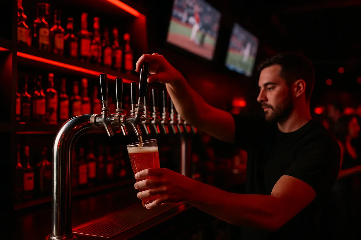 Bartender pouring draft beers at The Red Cup Bar & Grill sports bar with TV screens and red-black lighting.
