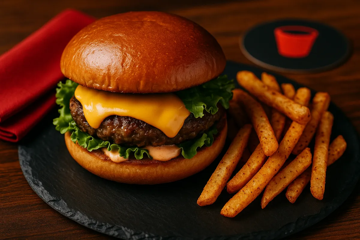 Close-up of a loaded burger and fries at The Red Cup Bar & Grill sports bar on a dark table.