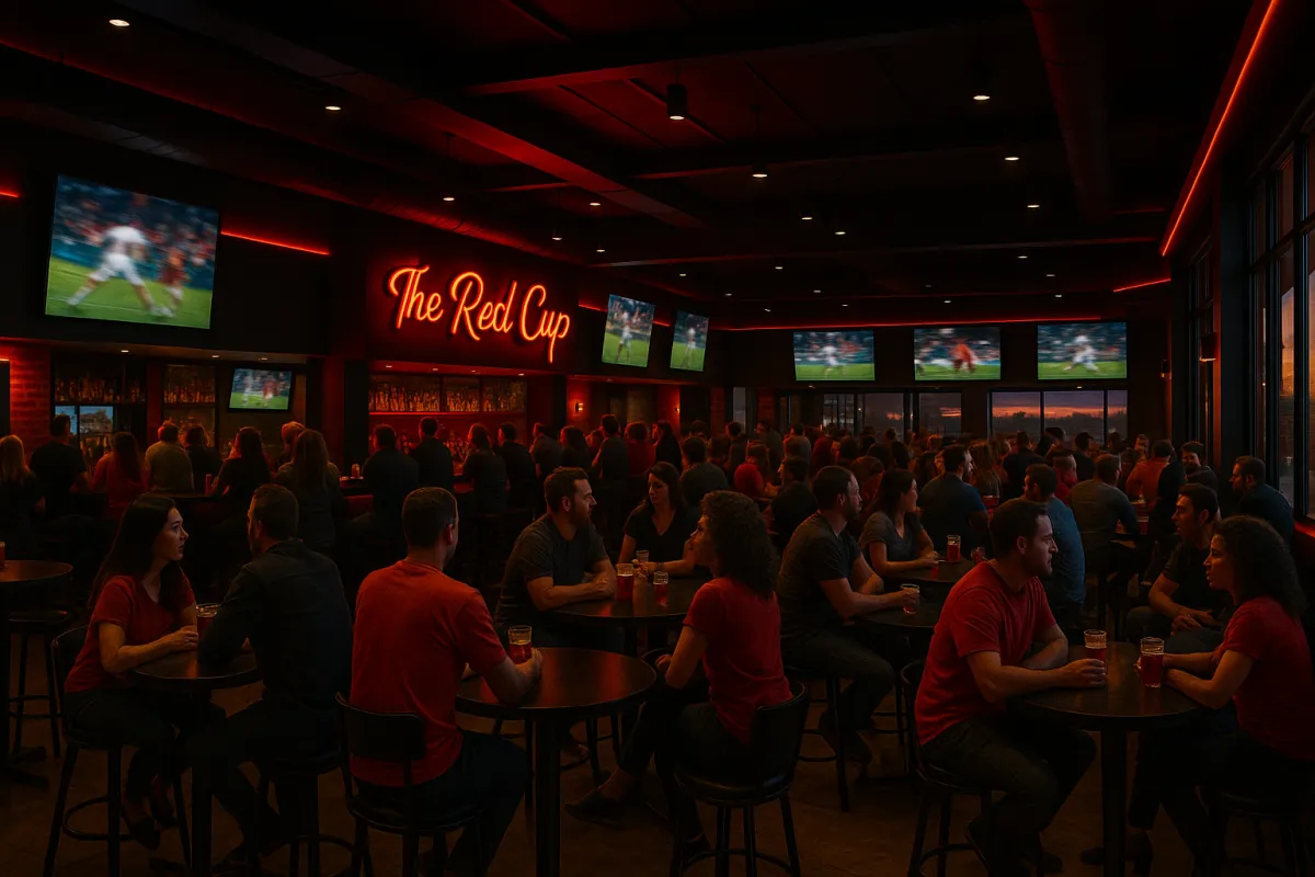 The Red Cup Bar & Grill sports bar interior with red and black accents, big-screen TVs showing blurred games, and cheering guests.
