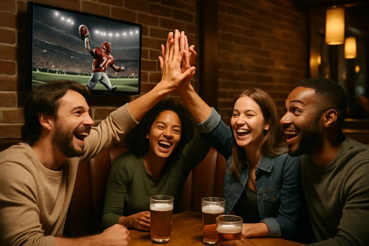 Friends high-fiving in a booth watching a touchdown replay with warm lighting