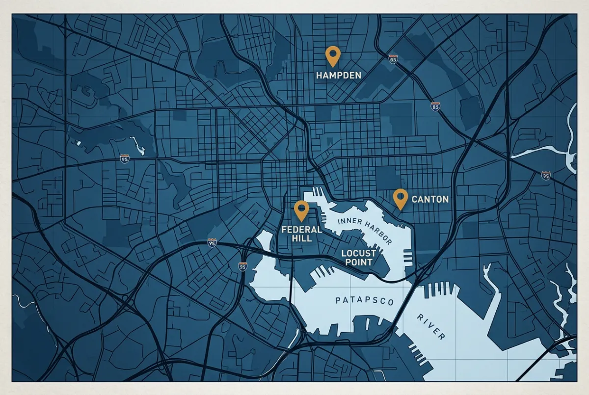 Sleek local Baltimore service map with pins highlighting Canton, Federal Hill, and Hampden service coverage