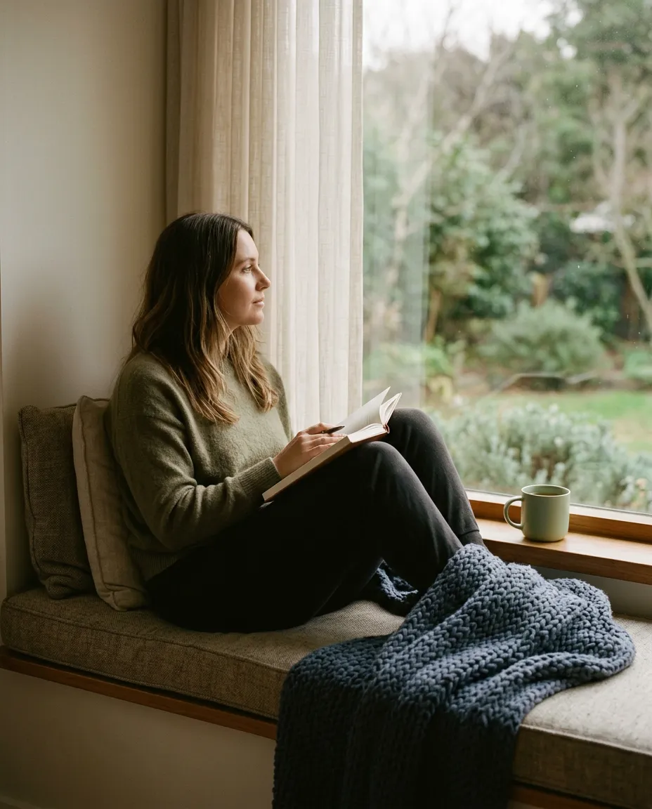 Adult sitting peacefully by a warm softly lit window reviewing a sleep journal with calm mindfulness