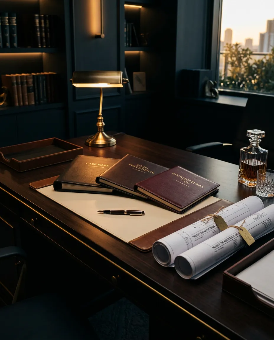 Atmospheric executive desk with leather-bound legal folios and architectural lighting