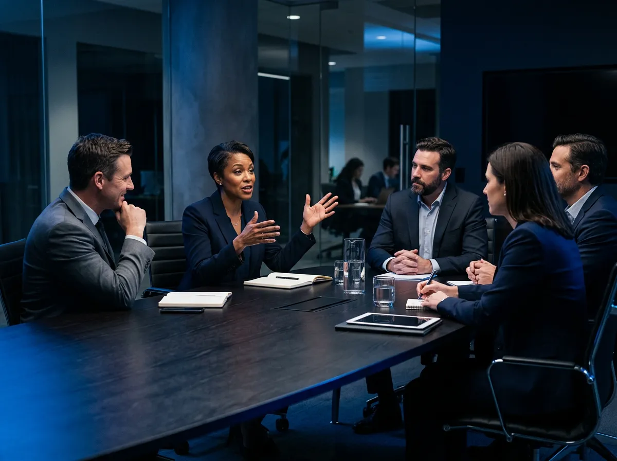 Executive leadership and strategic business meeting in modern professional setting