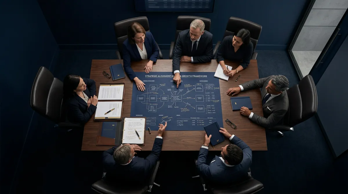 Strategic alignment boardroom meeting with executives reviewing corporate growth framework