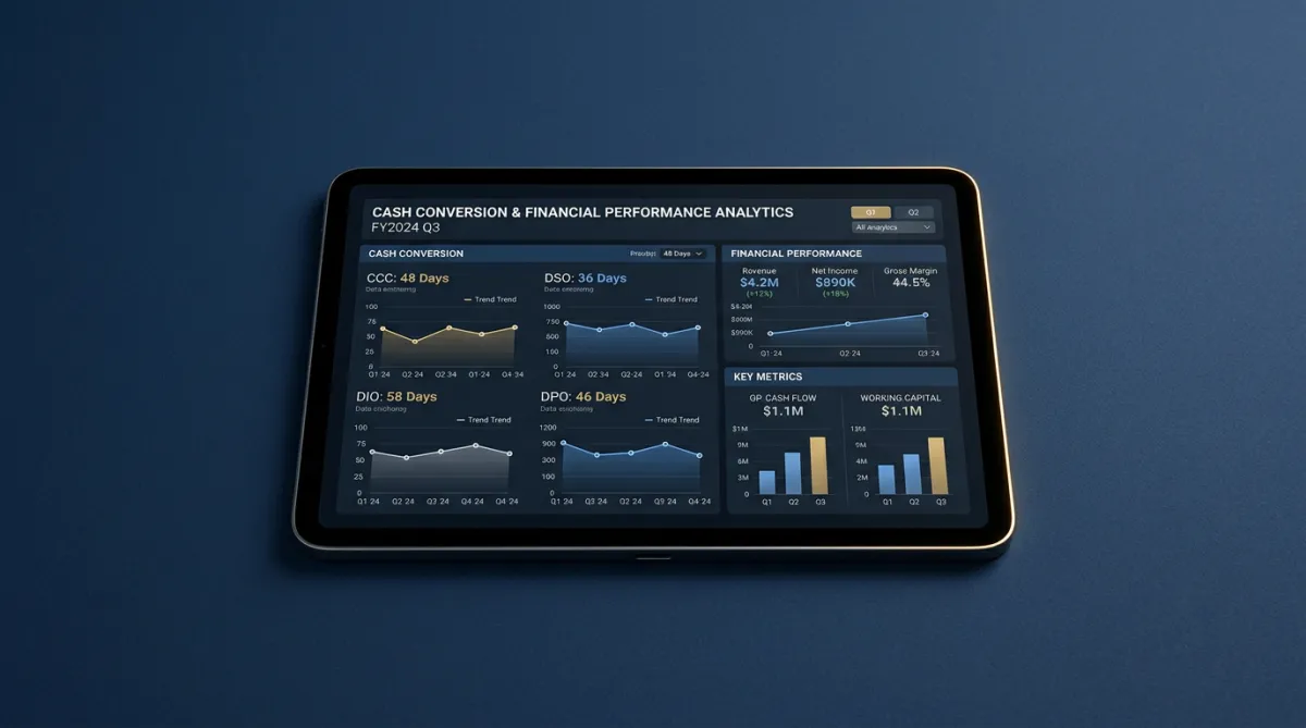Financial performance audit and cash conversion cycle analytics on tablet screen