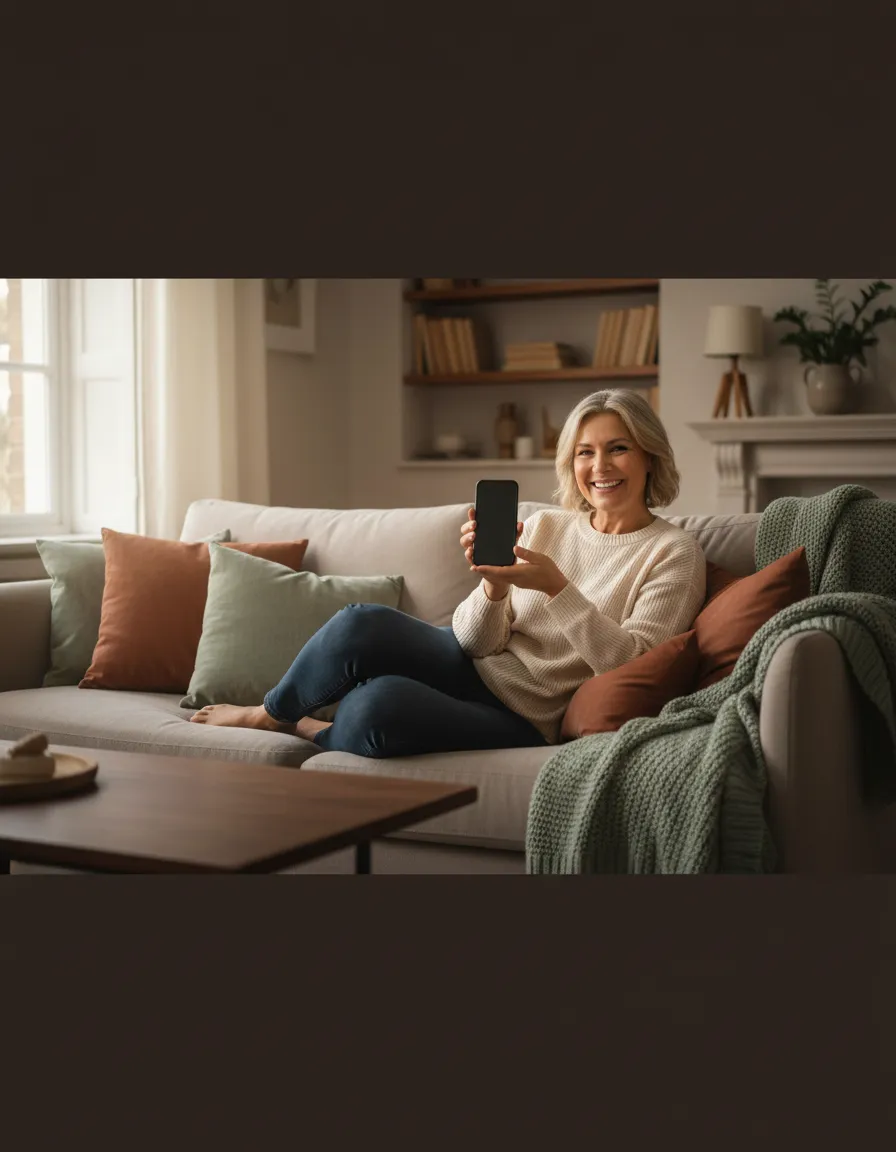 A relaxed woman over 50 confidently using her phone