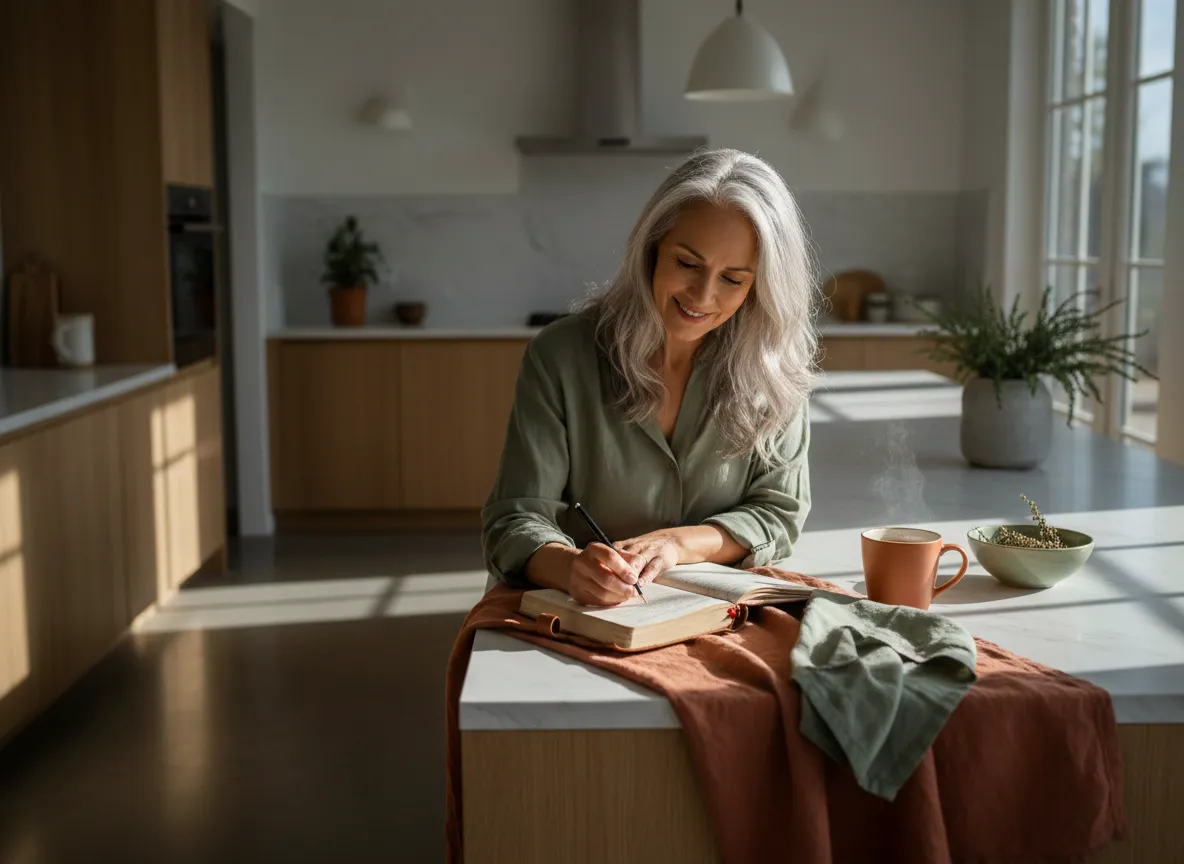 Woman smiling confidently looking at her phone