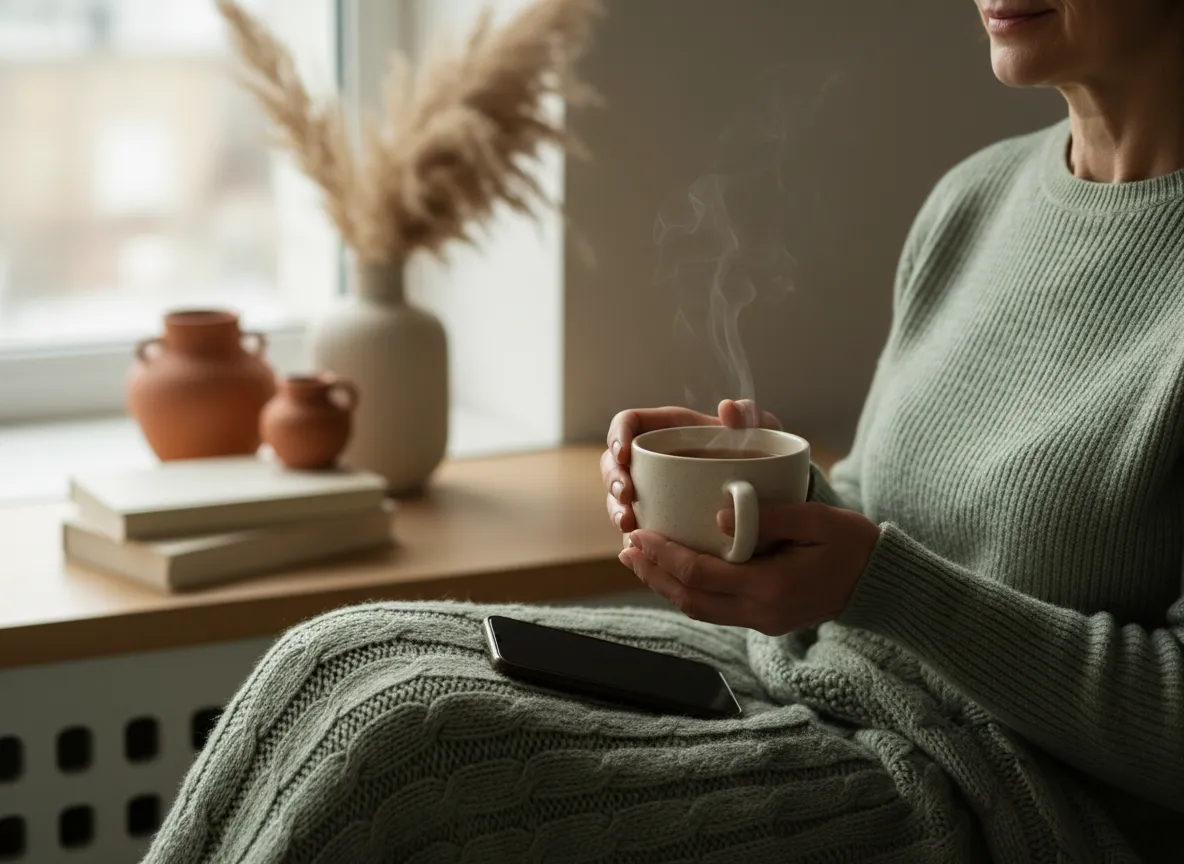 Woman enjoying a cup of tea, relaxed without social media stress