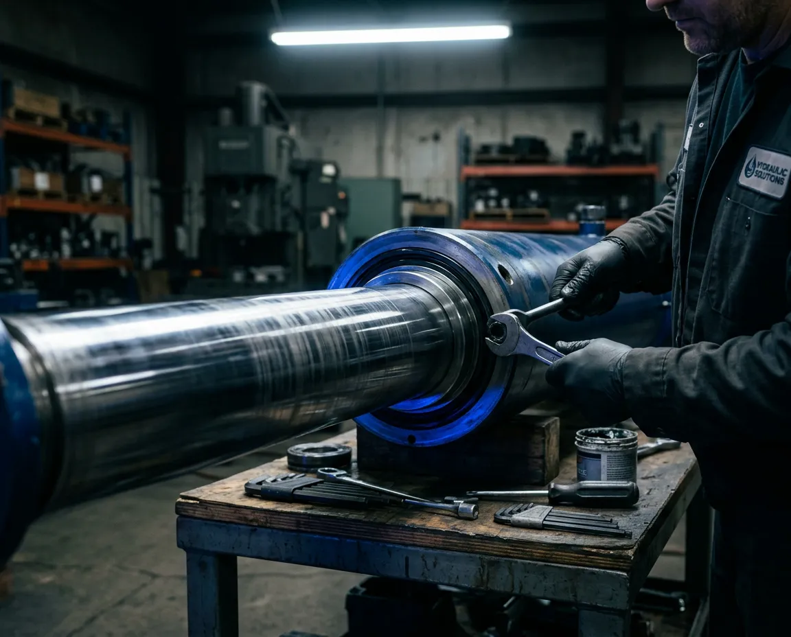 Heavy industrial hydraulic cylinder undergoing high-pressure seal rebuild and rod inspection in precision machine shop