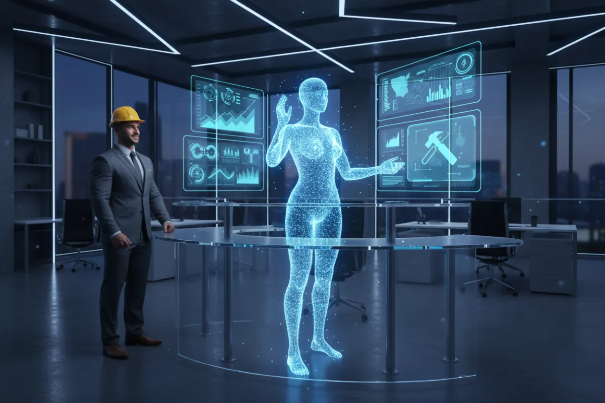 AI-powered virtual receptionist answering a call for a construction business owner, with digital interface elements and a modern office background. The scene is vibrant, professional, and conveys advanced technology in action.
