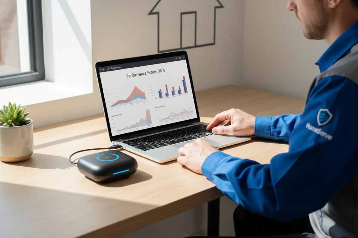 A technician in branded uniform easily setting up AI OptiPhone on a laptop, with a digital dashboard showing call analytics. The workspace is tidy, with natural light and a subtle home services motif, conveying simplicity and professionalism.