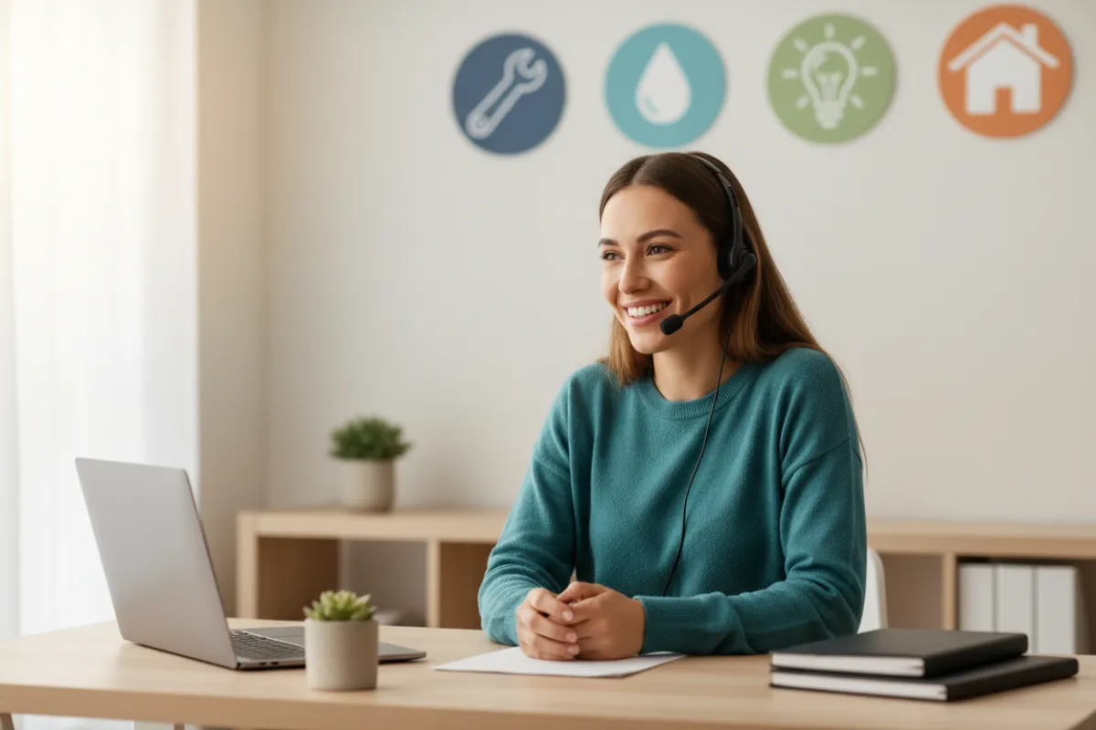 A friendly support specialist in a bright workspace, smiling while assisting a customer via headset. The background features subtle home services icons and a clean, organized desk, emphasizing approachability and expertise.