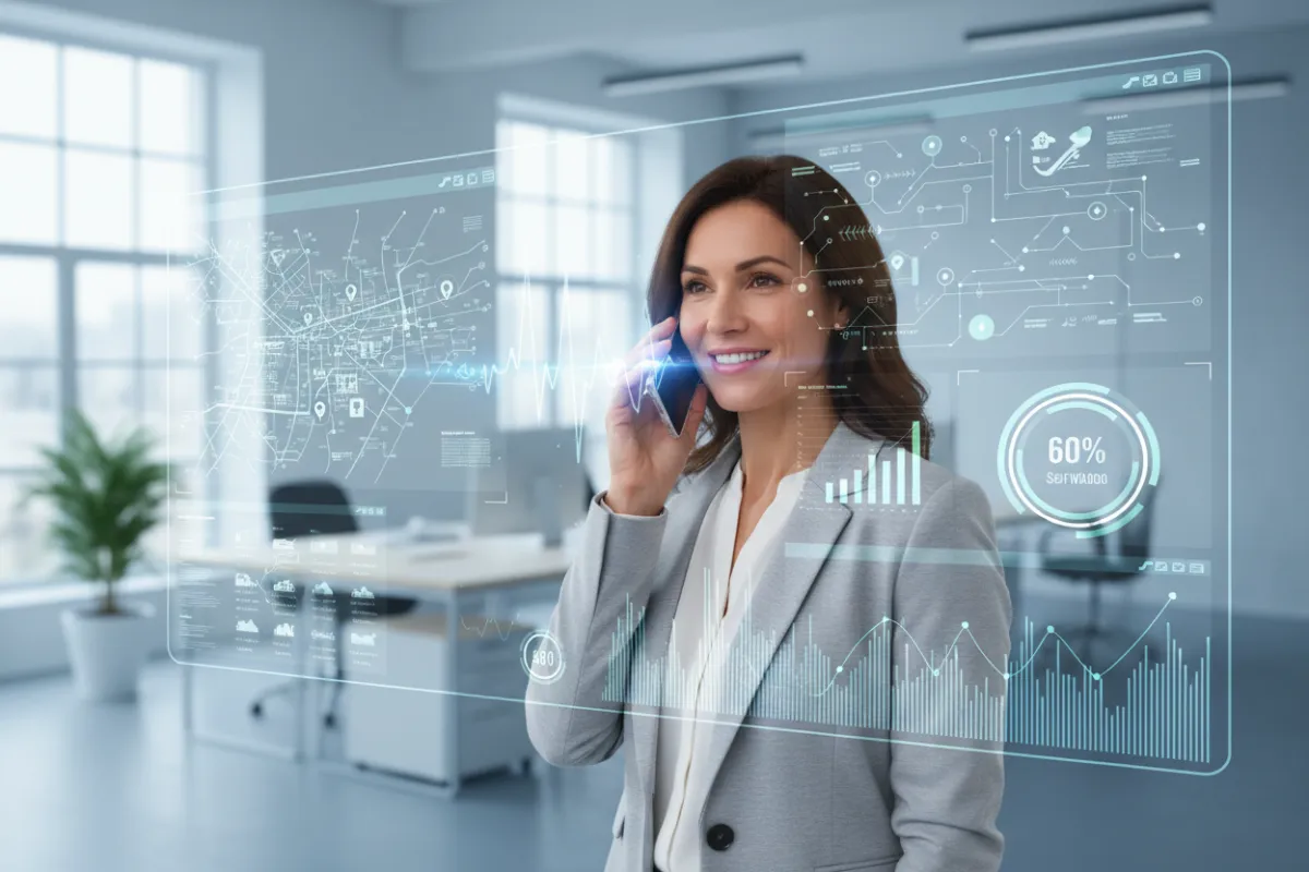 A confident home services business owner on a call, surrounded by digital AI interface elements, in a bright, modern office. The scene conveys innovation, trust, and seamless technology integration, with a subtle blue gradient background and crisp, professional lighting.