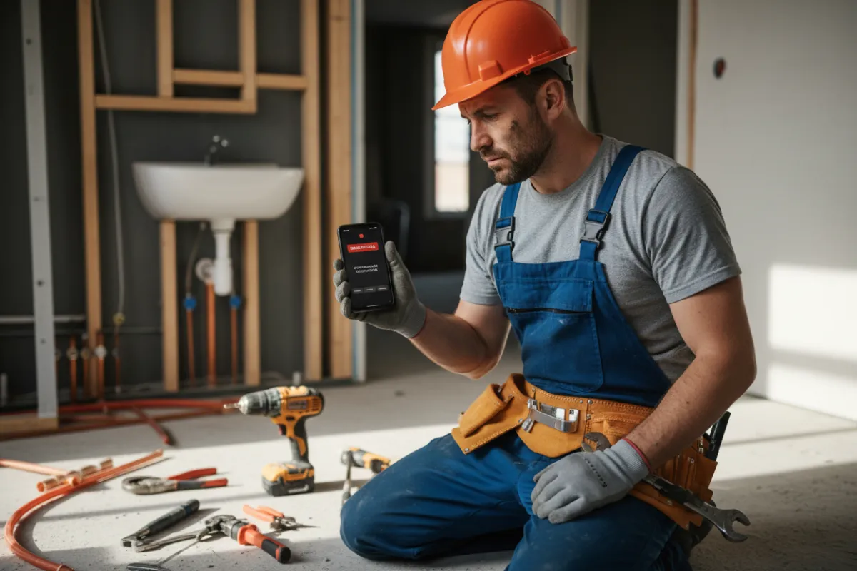 A busy plumber on a job site missing a phone call, with a smartphone showing a missed call notification. The background features construction tools and a partially completed project, emphasizing the real-world impact of missed calls.