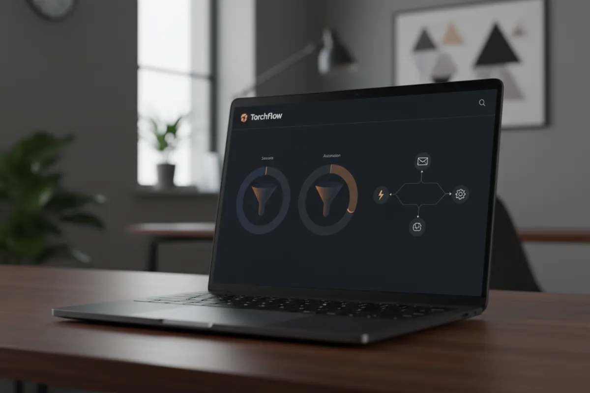 Dashboard mockup of Torchflow CRM snapshot on a laptop screen, showing funnels and automation sequence.